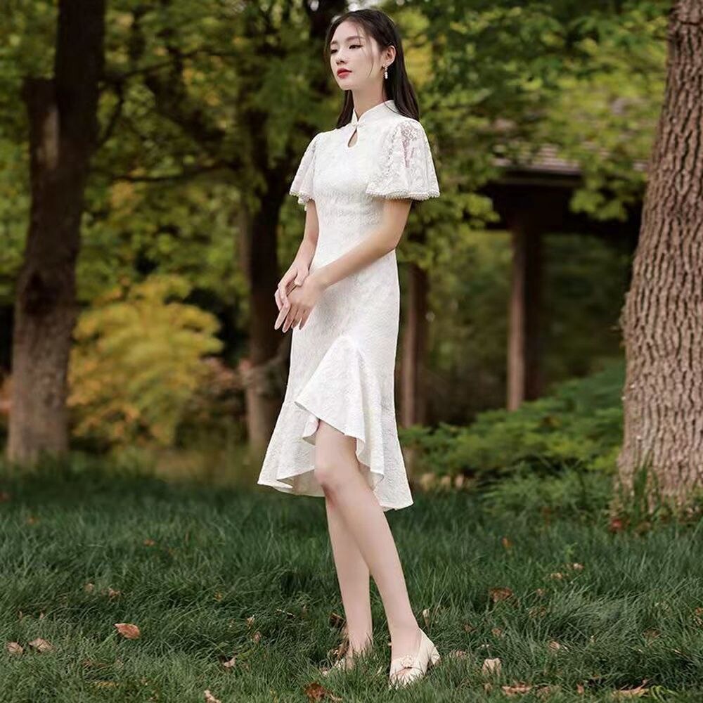 Qipao-vestido blanco de encaje con mangas abullonadas para mujer, ropa tradicional China moderna, Cheongsam Vintage mejorado para , 2022