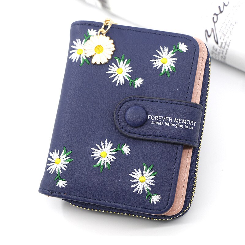 Flower Embroidery Women's Leather Wallet With Coin Pocket Short Purse For Female Ladies Clutch Bag Credit Card Holder: Blue