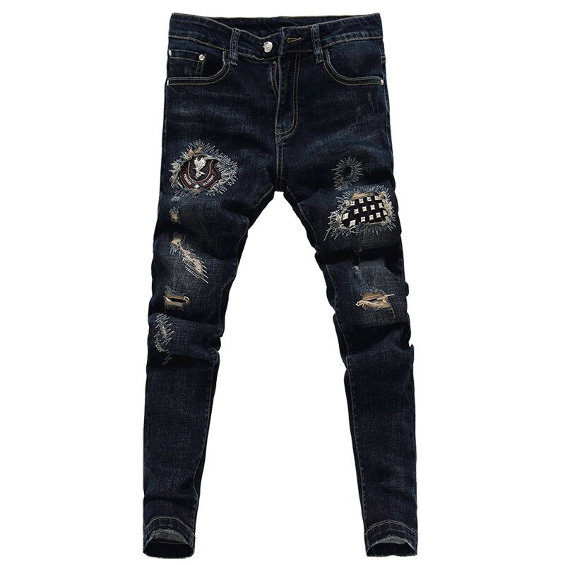Pantalones vaqueros elásticos ajustados para hombre, Jeans rasgados desgastados negros con remaches, Jeans ajustados de Hip Hop para club nocturno