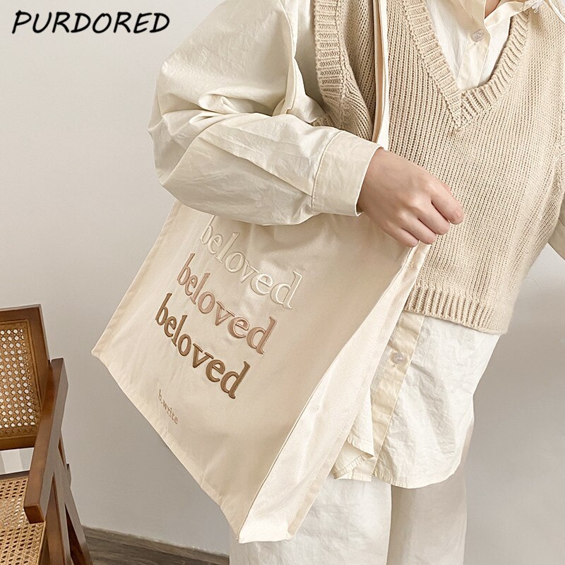 Purdored 1 Pc Vrouwen Gradient Tekst Draagtas Canvas Casual Schoudertas Herbruikbare Boodschappentas Vrouwelijke Student Schooltas