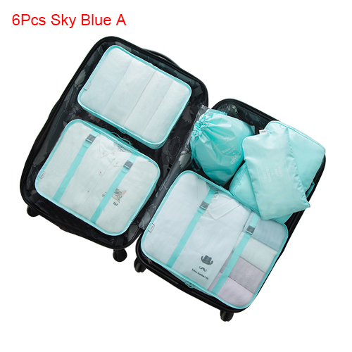 Mihawk Travel Bags Sets Waterproof Packing Cube Portable Clothing Sorting Organizer Luggage Tote System Durable Tidy Pouch Stuff: 6Pcs Sky Blue A