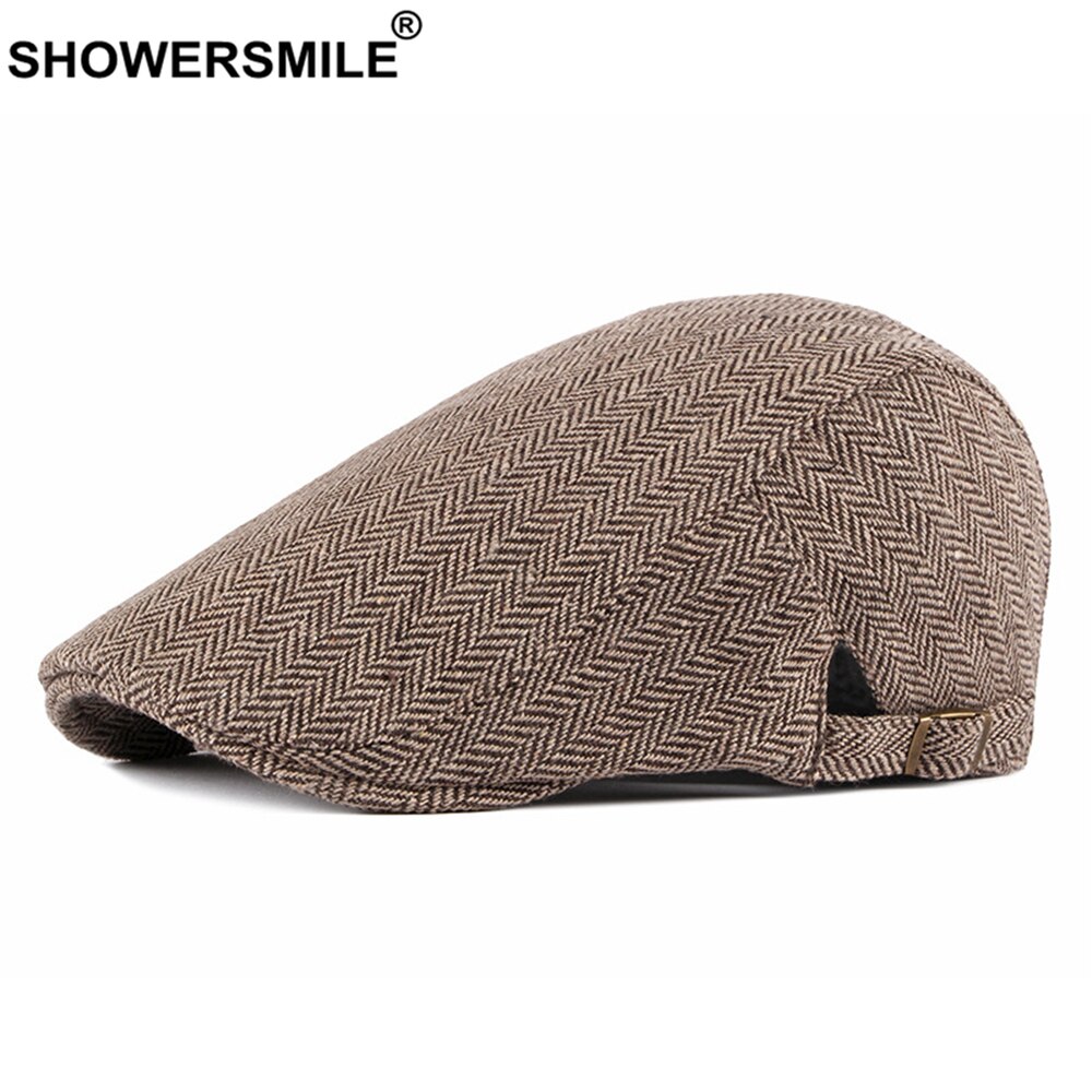 SHOWERSMILE Flat Cap Mens Beret Herringbone Irish Cap British Style Vintage Male Adjustable Black Gray Spring Autumn Cabbie Cap