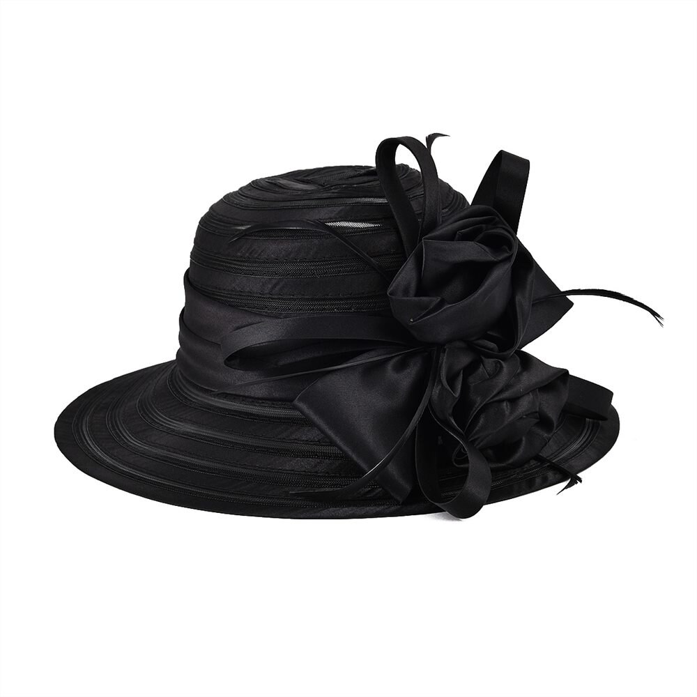 VOBOOM Organza été chapeau femmes vert large bord Protection solaire mariage église mer plage chapeaux rayure dames chapeau arc fleur 001: Black