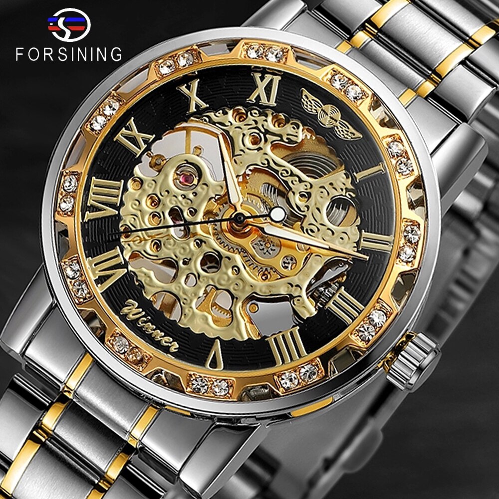 Winnaar Top Luxe Retro Rvs Heren Horloge Sport Mechanische Skeleton Horloges Cool Diamond Klok Mannen Horloge