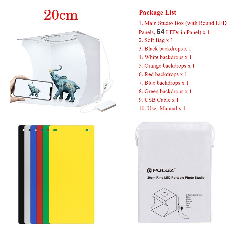 PULUZ Photography Lightbox Foldable Photo Round LED Lamp Studio Box Photo Shooting Tent Kit With 6 Color Backdrops: PU5023  20cm