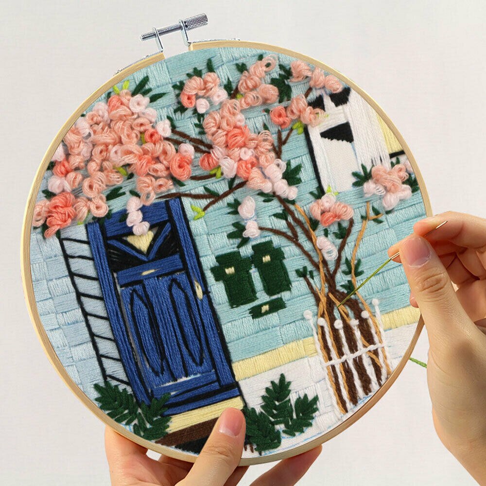 3 Sets Embroidery Starter Kit With Landscape Tree Mountain River Floral Nature Scenery Pattern Embroidery Kit Hoops Needles Threads Beginners