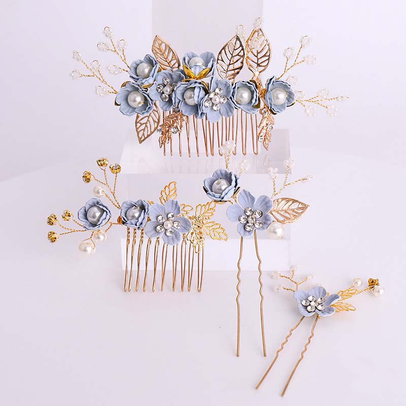 FORSEVEN Handmade Blue Flower Pearl Crystal Hair Comb Hair Pin Hair Sticks Women Girl Headpiece Hair Jewelry Wedding Accessories