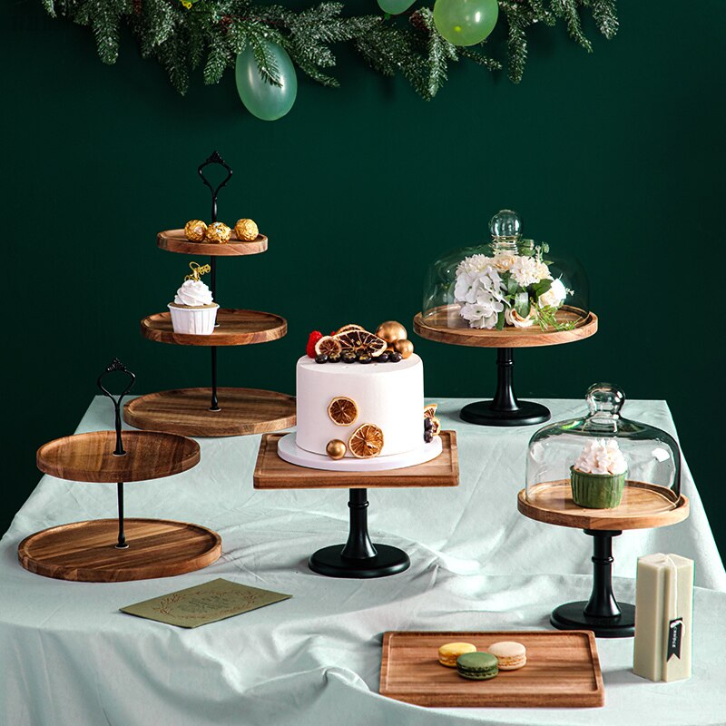 Wooden Cake Tool Set Dessert Pastry Display Stand Glass Cover Party Decoration Tall Cake Tray Home Decoration