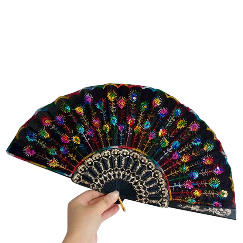 Craft Fans Spanish Lace Silk Folding Hand Held Dance Fan Flower Pattern for Party Wedding Home Practical #0509: C