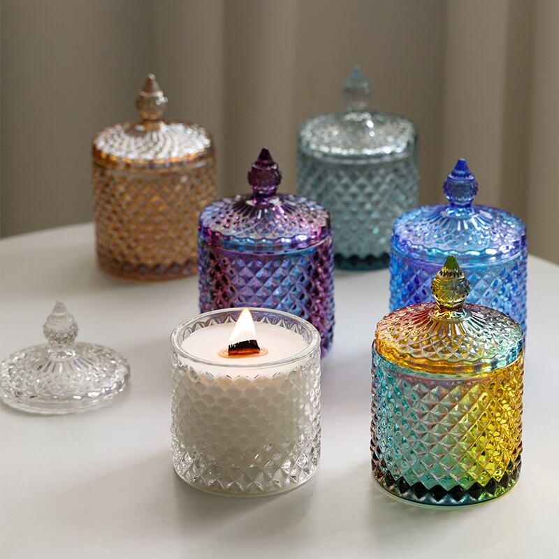 Pot de bougie vide en verre, motif losange gaufré, récipient en verre couleur bougie d&#39;aromathérapie à domicile, bricolage matériel fabrication de bougies