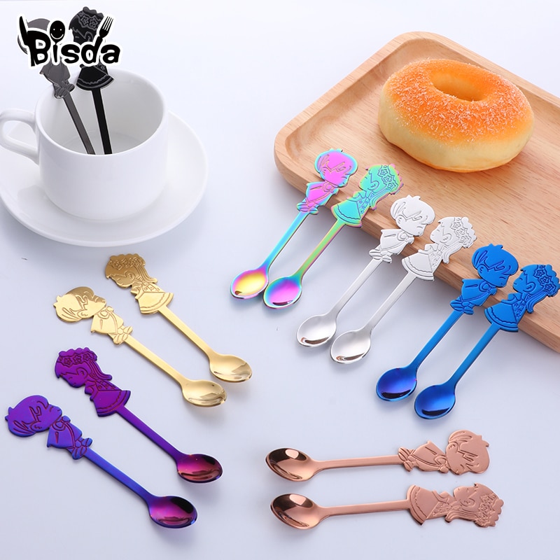 Cucharas de café románticas para pareja, cucharillas de té de colores, cubertería pequeña plateada, cuchara de postre de pastel dorado para I &amp; U, 2 uds.
