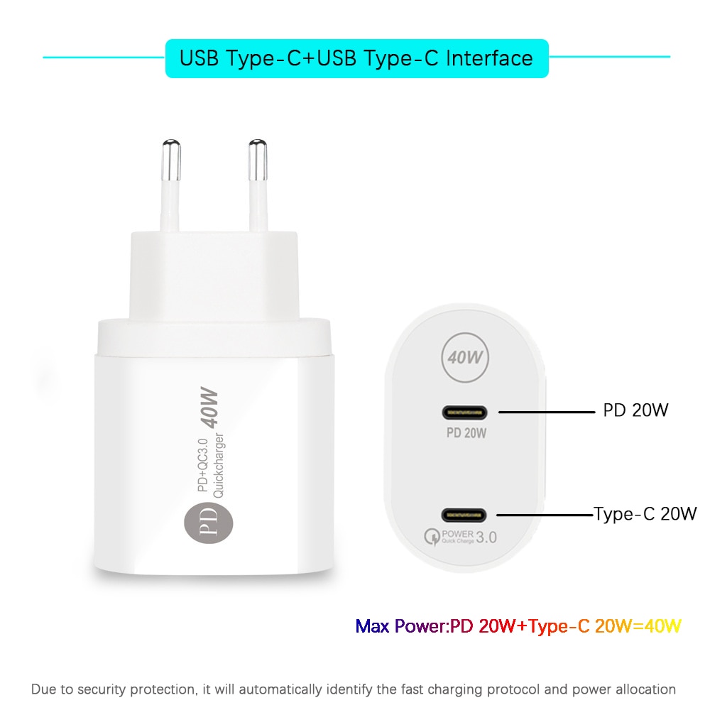 Szybka ładowarka Electop 40W Dual PD USB type-c QC 3.0 szybka ładowarka do iPhone 13 12 11 Pro Max X Xr iPad uniwersalny Adapter