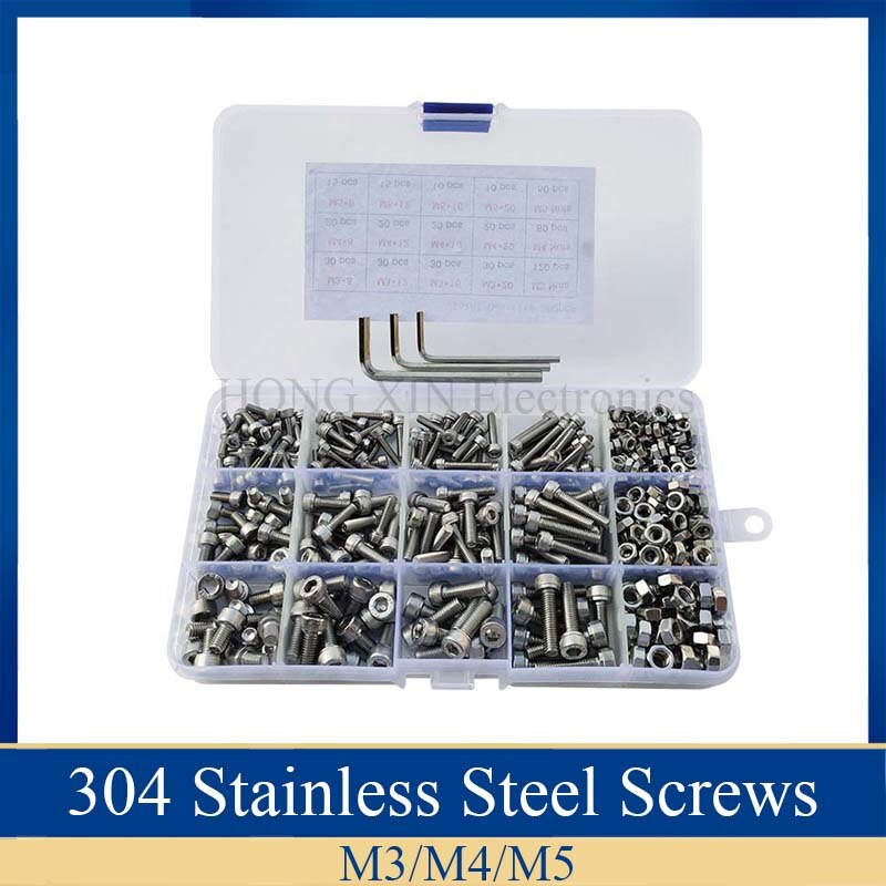 500 pçs/set Parafuso Em Aço Inox 304 copo Parafuso de Cabeça M3/M4/M5 Kit Sortido