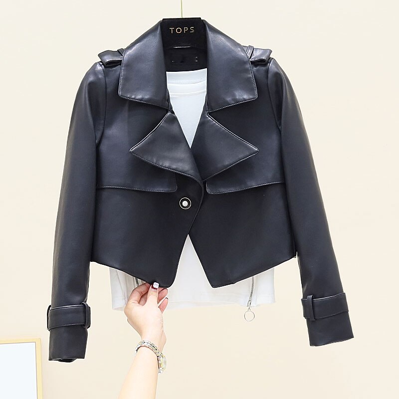 Veste coréenne en Faux cuir PU pour femme, manteau court violet à manches longues, Slim, doux, bouton unique, motard de rue, printemps,: Black / XL