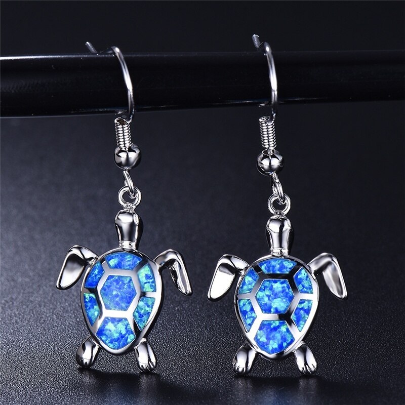 Pendientes con colgante de ópalo de imitación azul para mujer, aretes con forma de tortuga, Animal, de joyería de boda,