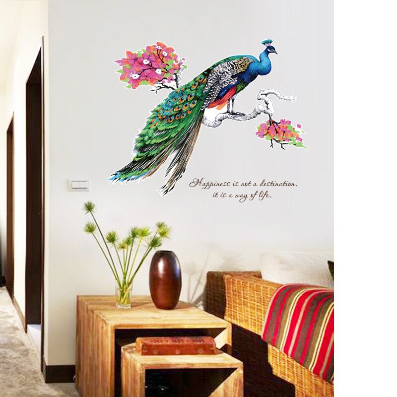 Farverig påfugl på en trægren wallstickers stue soveværelse dekoration baggrund vægmaleri kunst decals aftagelige klistermærker