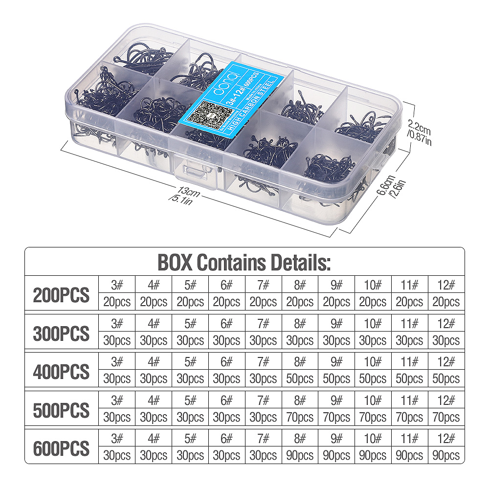Donql conjuntos de anzóis para pesca, 200-600 peças/caixa com carpa, único e anzóis para pescar 3 #-12 # fly acessórios de pesca de aço carbono, ganchos de mar
