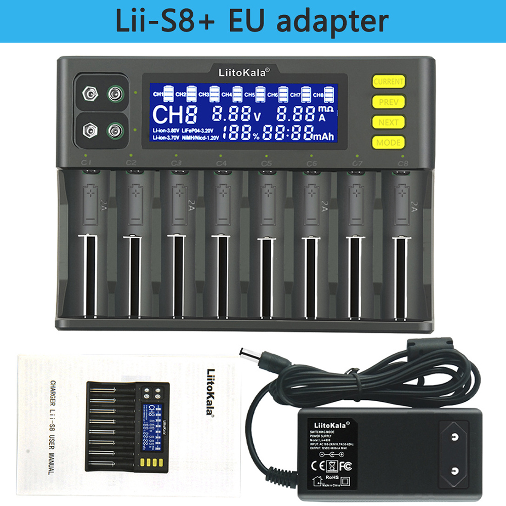 1-Slot 2 4 8 Slots 18650 Battery Charger LCD Display Li-ion 3.7V NiMH 3.2V IMR 3.8V Charger For 18650 26650 21700 26700 AA AAA: Lii-s8-EU