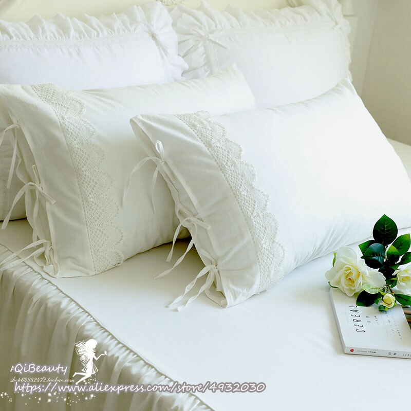 Prinsesse rent hvidt dobbelt lag blonder flounced bomuld bryllup rent bomuld sengetøj pudebetræk pudebetræk: Pt005