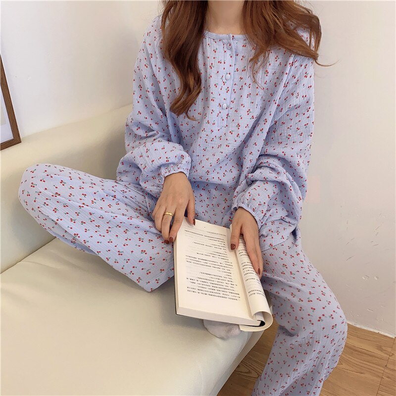 Pyjamas bomuld kvinder kirsebær print nattøj langærmede toppe+bukser 2 stk hjemmetøj løs o-neck pullover pyjamas komfortabel  s1027: Blå