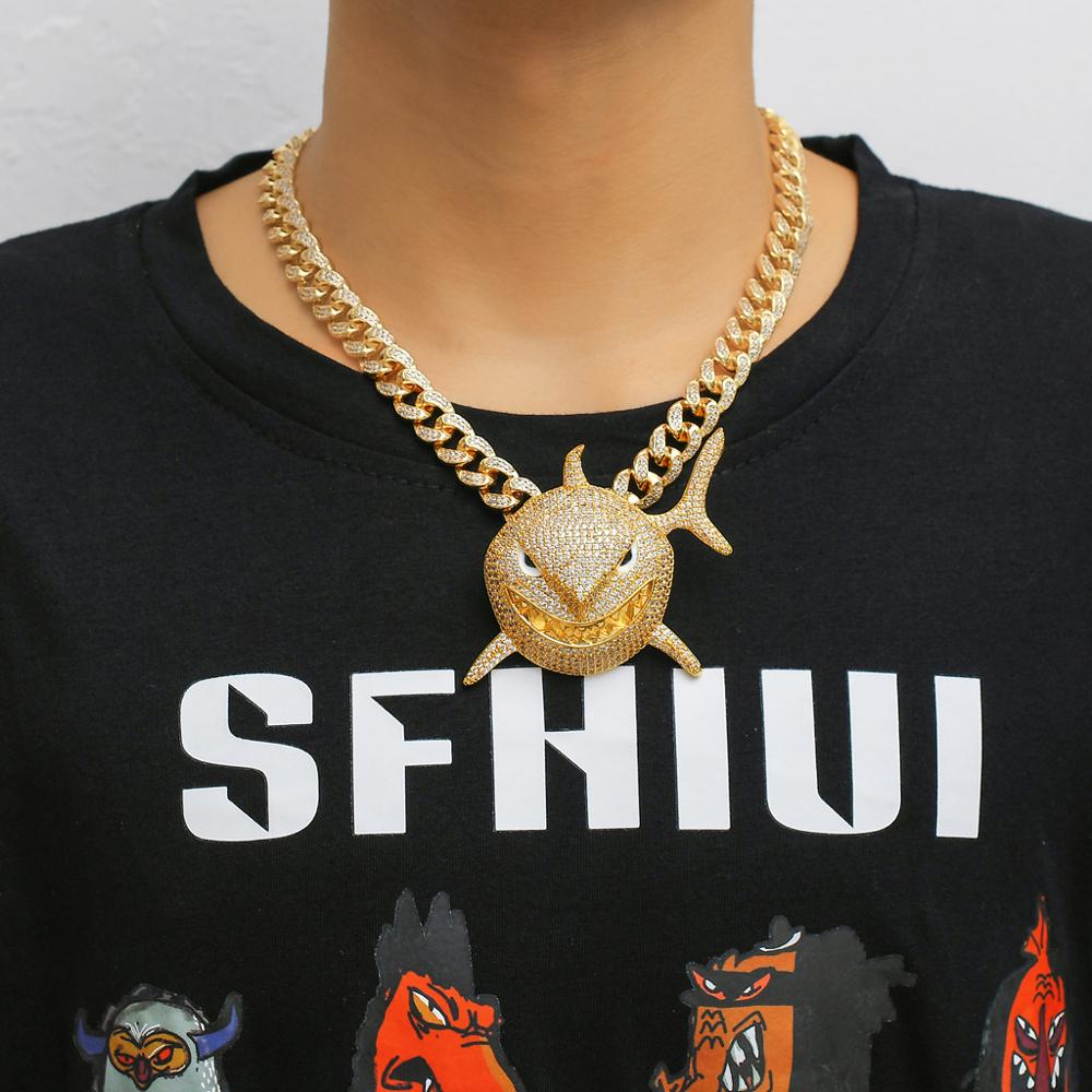Glacé grande taille 6IX9INE requin pendentif 2 couleurs AAA Zircon collier pour hommes femmes Hip hop bijoux
