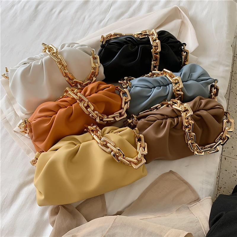 Été épais chaîne ruché sacs à bandoulière pour les femmes doux en cuir PU aisselles femme embrayage filles pochette