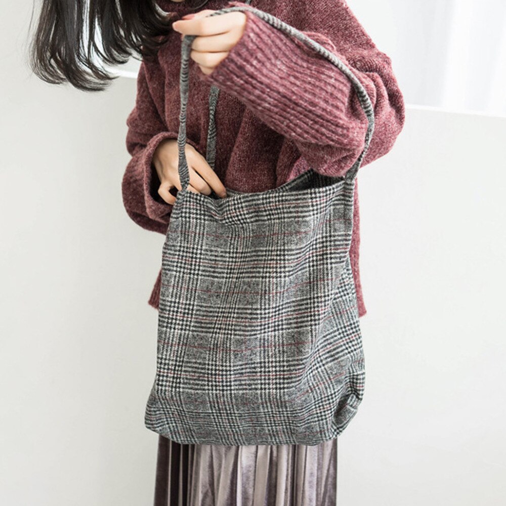 Frauen Woolen Leinwand Umhängetasche Damen Vintage Plaid Handtasche Totes Weibliche Baumwolle Wolle Tuch Einkaufstaschen Empfehlen