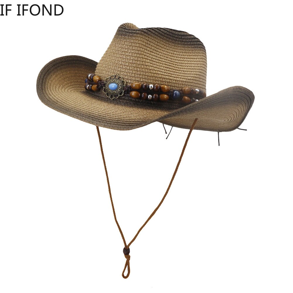 Handmade Straw Summer Western Cowboy Hat Women Men False Gem Decoration Panama Beach Cowgirl Hat 56-58CM