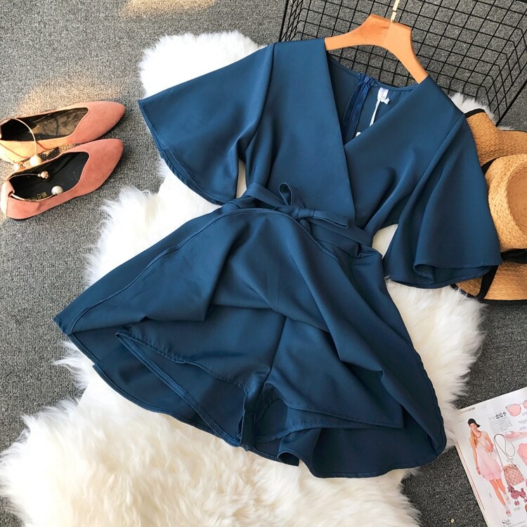 Monos elegantes de manga corta con cinturón para mujer, petos ajustados con cuello en V, coreana