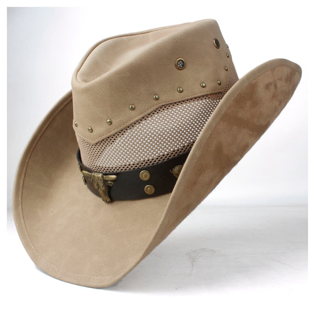 100% Leather Men Women Mesh Western Cowboy Hat Wide Brim Hat Outdoor Sombrero Hombre Cowgirl Hat Bull Ribbon