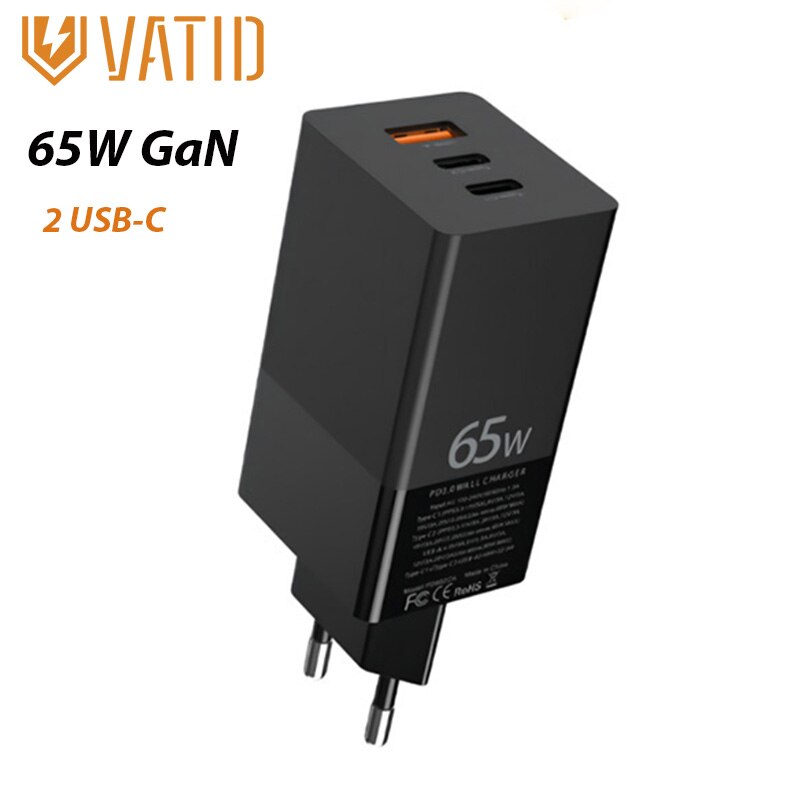 VATID 65W GaN Ladegerät USB Ladegerät Desktop USB Ladestation mit 2 USB C Ports 1 USB EINE Port für iPhone 12 Laptop MacBook