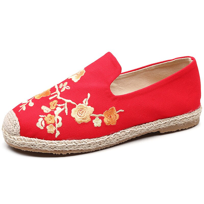 Johnature toile chaussures décontracté Floral sans lacet bout rond Style National printemps/automne broder femmes chaussures