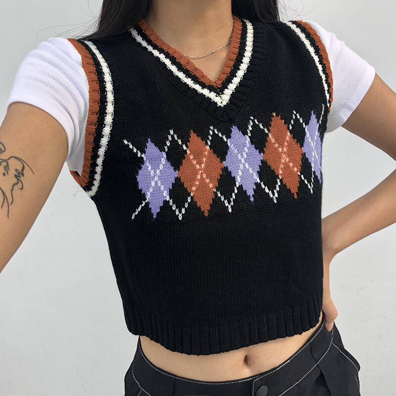 Colorful Argyle Plaid Knitted Sweater Vest Women Preppy Style Streetwear 90s Retro Striped Patchwork Sleeveless Knitwear: Brown / M