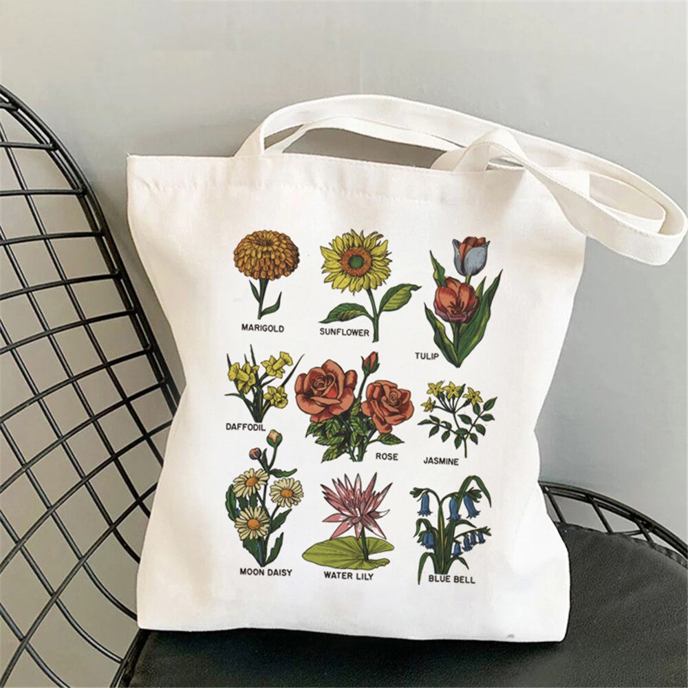 Flower Aesthetic Women Shopping Canvas Tote Cute Bag Foldable Reusable Shopper Bag Handbags  Eco Travel Shoulder Bags: 2543