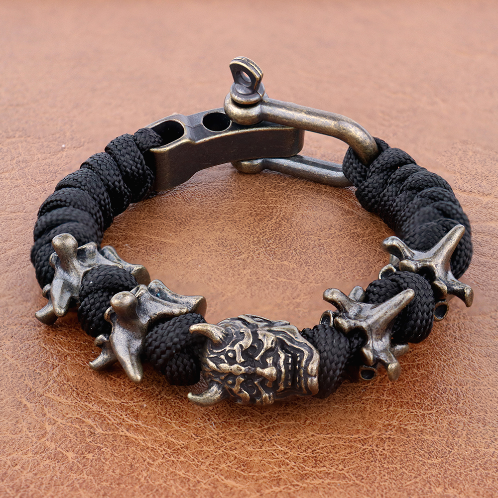 Pulsera tejida con calavera Vintage para hombre, brazaletes hechos a mano, brazaletes de Paracord de supervivencia al aire libre, pulseras ajustables Punk Hip Hop, joyería: Color oro puro