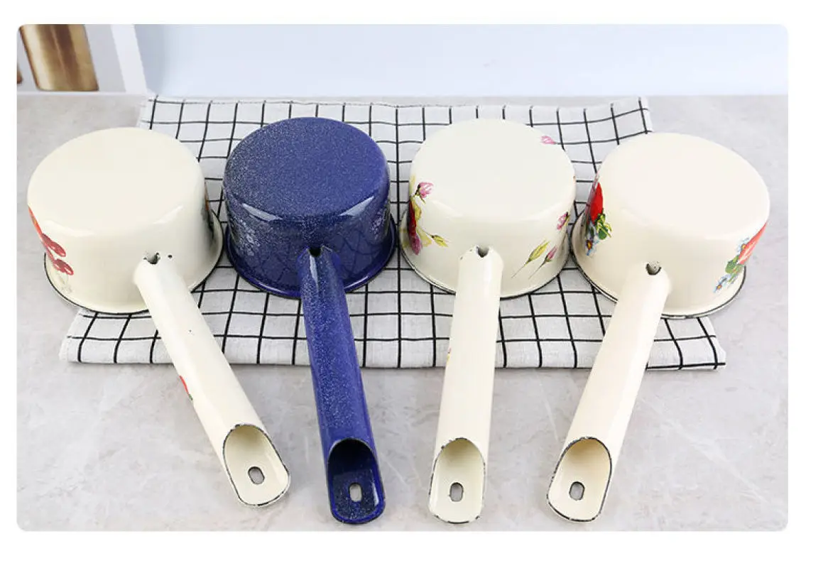Cacerola de leche esmaltada Vintage con cucharón de mango largo para Gas o cocina de inducción, cucharón de agua esmaltado con estilo Retro para la cocina del hogar