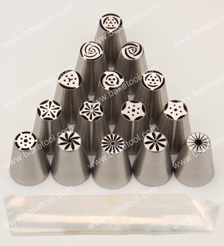 15 stks/set Cake Decorating Russische Nozzles set met 10 stks 16 "Plastic Pastry Tassen (NS006)