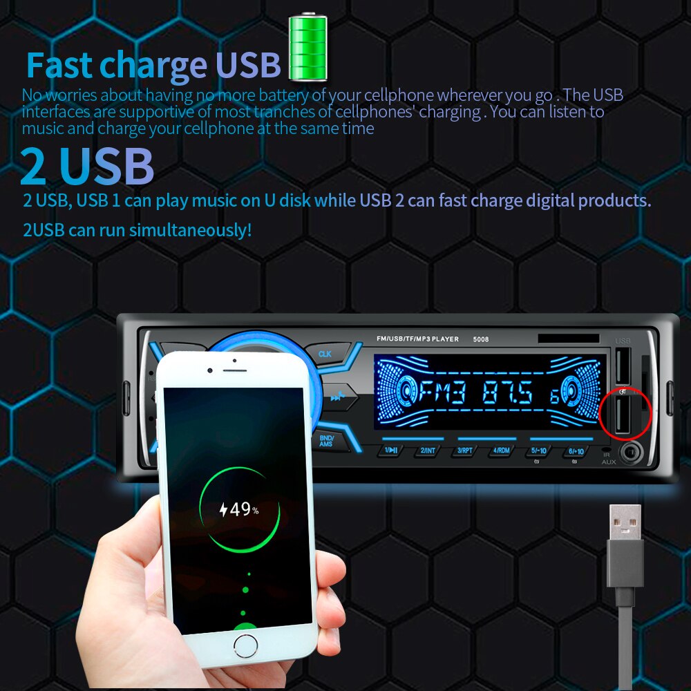 Reproductor MP3 estéreo de Radio para coche, 1 DIN, Compatible con Bluetooth, 2 USB/TF/FM, autorradio, electrónica automática en tablero, 7 colores, USB, SD, AUX