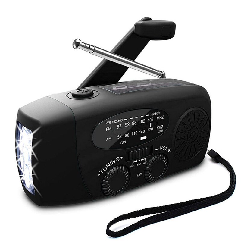 Solar Hand Crank Radio Ontvanger Mini Draagbare Am/Fm Weer Radio Met Multifunctionele Zaklamp Noodstroomvoorziening: black