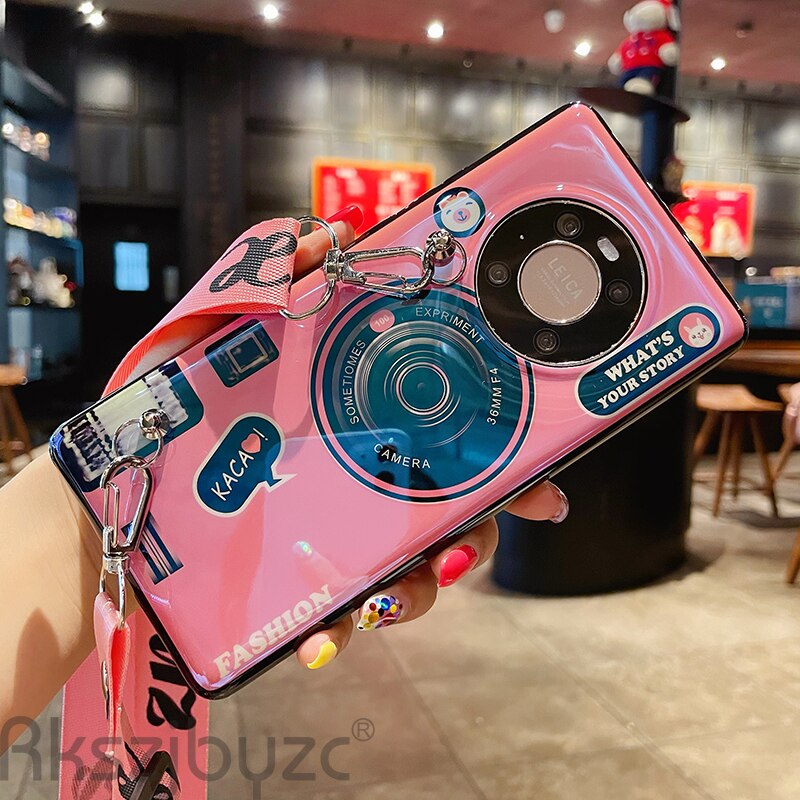 Capa para câmera 3d para huawei p30, p30 pro p30 lite nova4 honor 10i v20 y6 y7 2019 suporte de ray com cordão: for Y6 2019 / Rosa