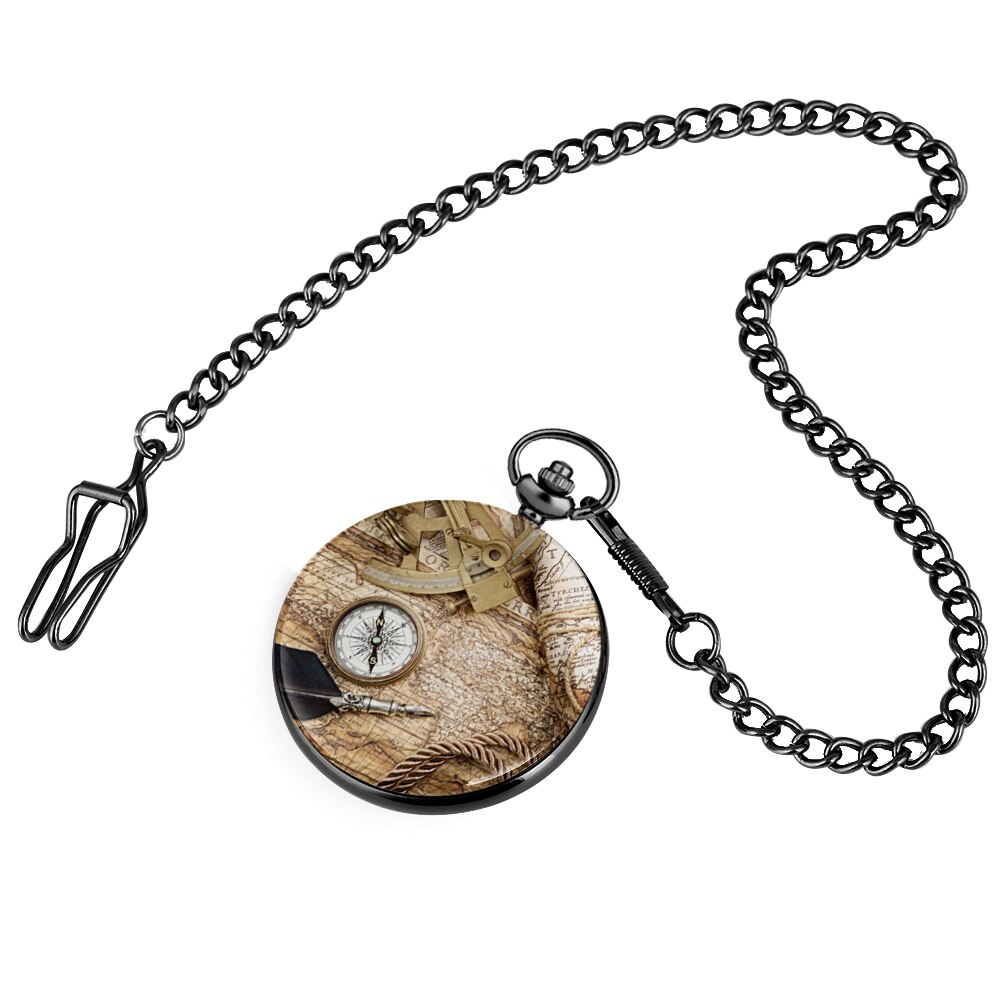 Reloj de bolsillo antiguo Nostalgia, brújula, patrón de mapa, números arábigos precisos, esfera lisa, cubierta Unisex, cadena gruesa, collar, Relojes