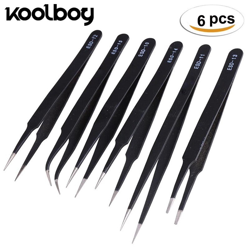 Juego de pinzas Esd de precisión de acero inoxidable, pinzas antimagnéticas de punta fina para teléfonos, relojes, gafas, herramientas de reparación manual, 6 uds.