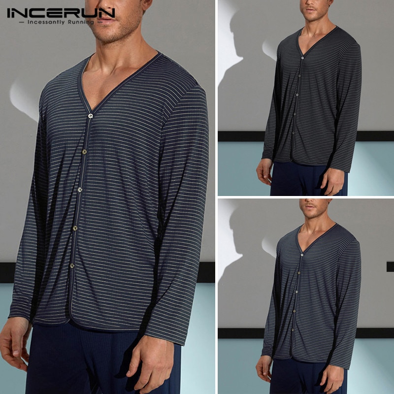 Black/Navy Men's Long Sleeve Shirt Button Down V-Neck Striped Casual Blouse Tops