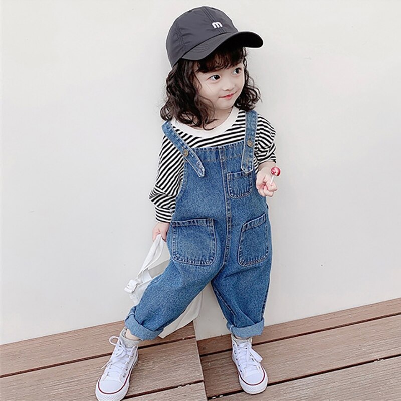 Meisjes Lente Kleding Koreaanse Denim Overalls Leuke Loose Casual Jumpsuits Zachte Bretels Broek Kinderen Een Stuk Pak: L / 100