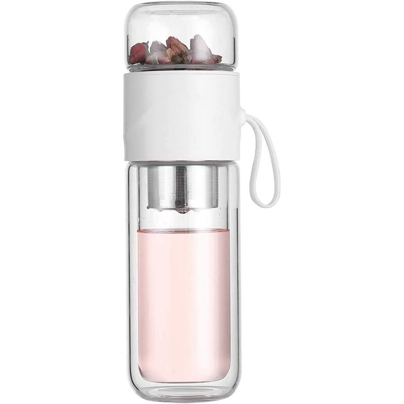 Double Wall Gl Tea Bottle Cup with Infuser Portable Tea Infuser Gl Tea Strainer Leak-Proof Gl 390Ml: White
