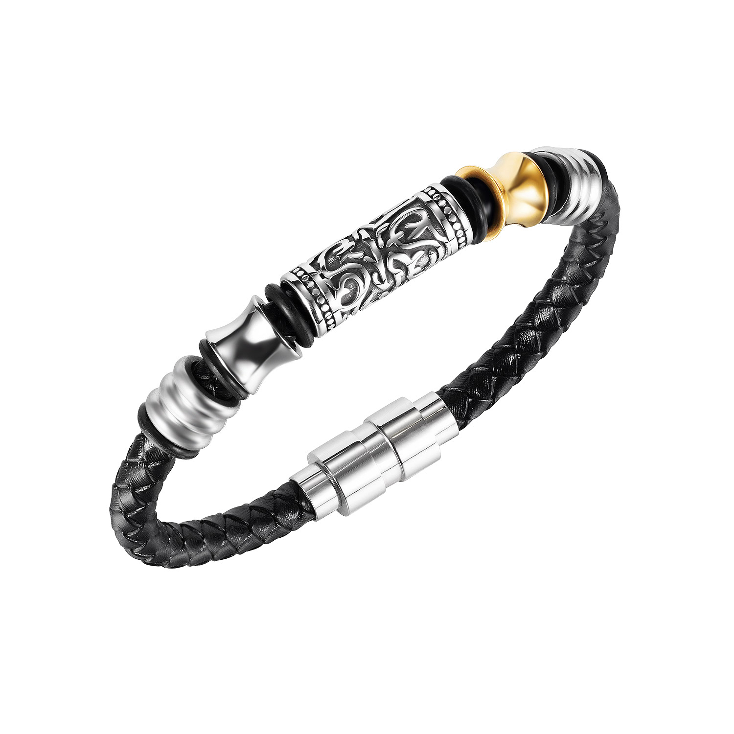 JIALY European Men Punk in pelle intrecciata nera retrò Totem Charm bracciale bottone in acciaio inossidabile gioielli da polso B0202: Default Title
