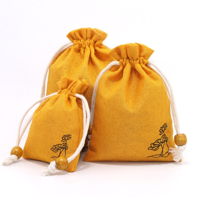 Pure Cotton Bags Packing Jewelry Drawstring bag Wedding Candy Wrappling Reusable Sachet Print Lotus Display Pack Bags: orange hehua / 8x10cm 5PCS