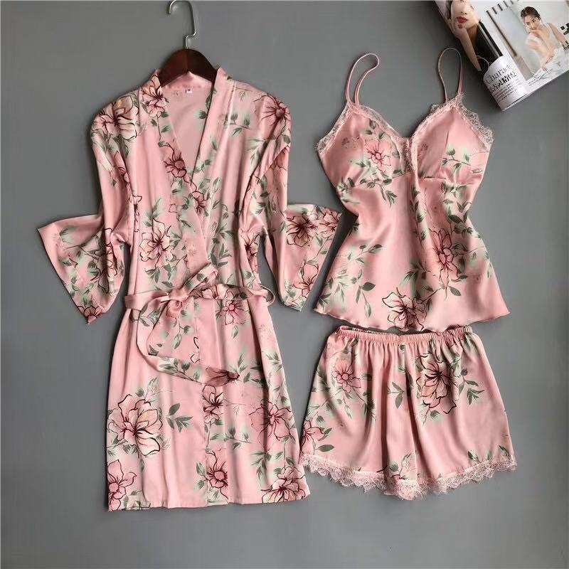 3 PCS Women Pajamas Sets with Pants Sexy Pyjama Satin Flower Print Nightwear Silk Negligee Sleepwear Sexy Homewear