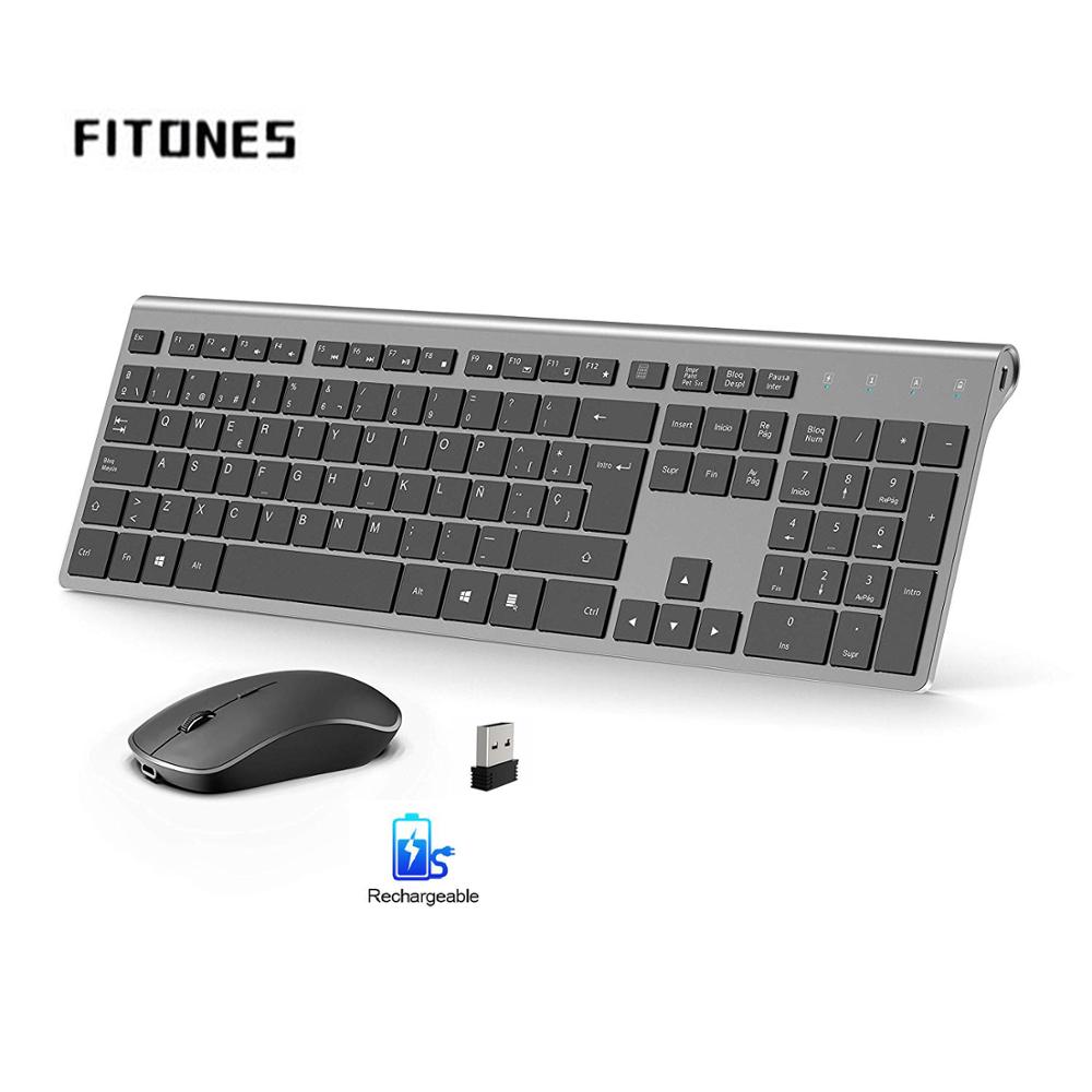 Wireless keyboard and mouse, Spanish layout, rechargeable battery, stable USB connection, suitable for notebook, computer, gray