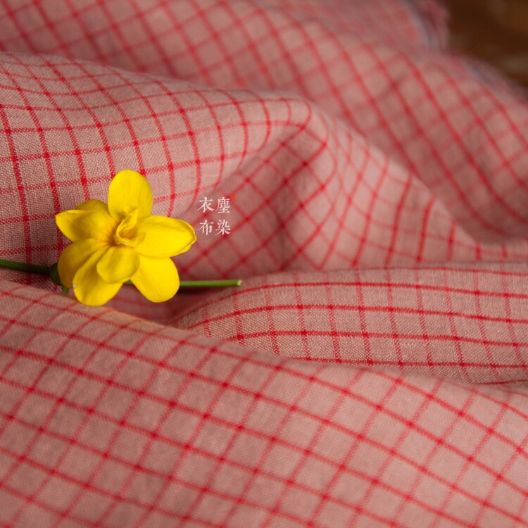 pure linen flax yarn-dyed small checked quadrille fabric old pink colored woven cloth woman's dress wind coat
